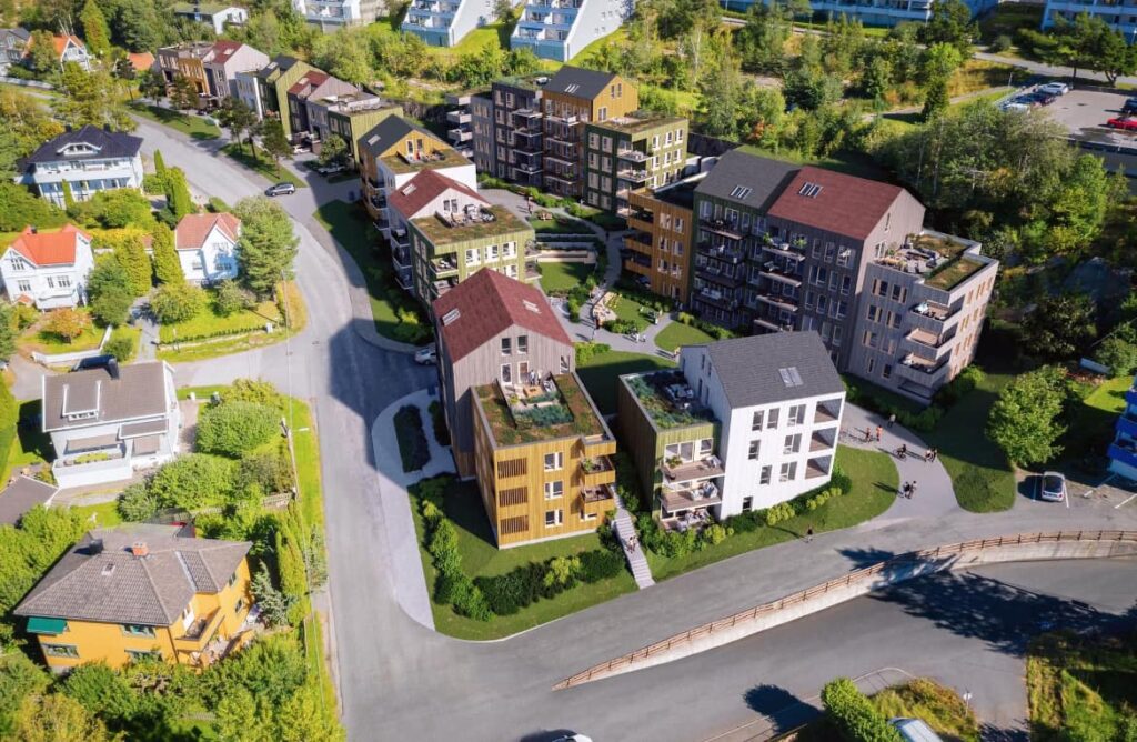 Dronebilde av byggetrinn 3, boligprosjekt Fargerlia i Fredrikstad.